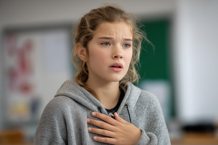 In a classroom, a young female student with a shocked expression suddenly puts her hand to her chest, feeling a sharp pain, a symptom of a child heart disease.の素材