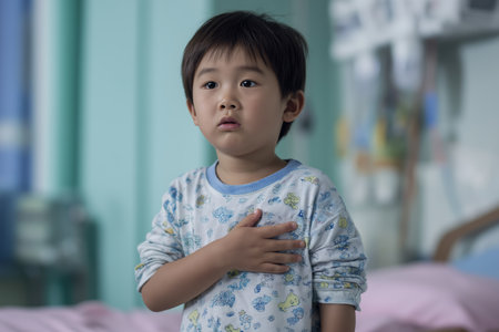 A small Asian boy in pajamas stands in a hospital room with his hand on his chest, showing the quiet reality of living with and treating child heart disease.の素材