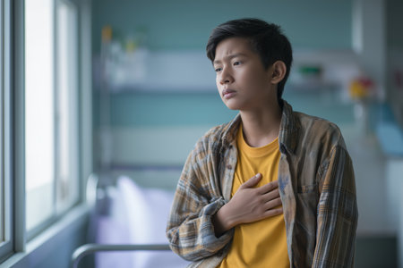 A thoughtful Asian boy, a patient being treated for a child heart disease, looks out the hospital window while holding his chest, reflecting on his chest pain condition.の素材