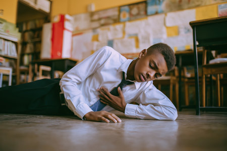 A young student in uniform lies collapsed on the classroom floor, clutching his chest in a critical medical emergency caused by severe child chest pain from a heart disease.の素材