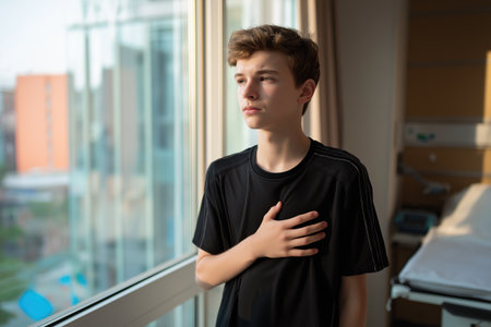 A thoughtful teenage boy stands by a large window in a hospital, hand on his chest, contemplating his child heart disease and the uncertainty of his future health.の素材