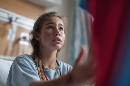 A teenage girl in a hospital bed looks up with a pleading expression while talking about her child heart disease, a moment of vulnerability during treatment for chest pain.の素材