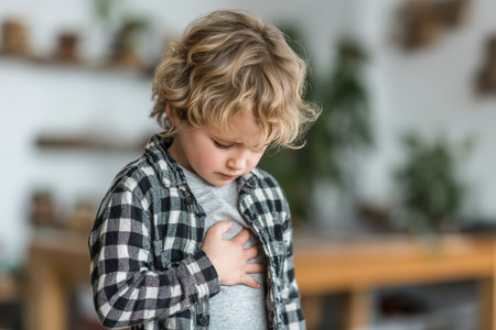 A young boy with curly hair looks down at his chest with his hand over his heart, showing concern over a symptom related to a child heart problem.の素材