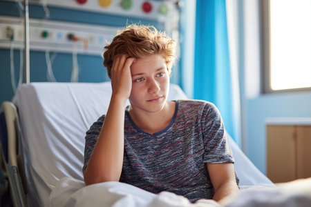 A sad, contemplative teenage patient sits alone in a hospital bed, concerned about his heart problem diagnosis. Youth healthcare and child heart disease concept.の素材