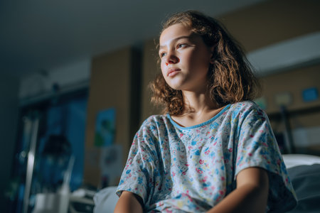 A young girl with curly hair in a hospital gown sits on a bed in a dimly lit room, looking away thoughtfully. A patient recovering from a heart problem.の素材