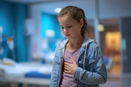 A young girl with a sad expression stands in a hospital corridor, her hand on her chest, feeling the discomfort of her child heart disease and ongoing chest pain.の素材