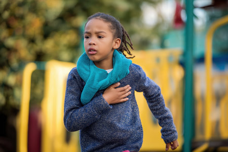 An African American child stops playing, her hand on her chest as she experiences a sudden, sharp pain, a symptom of a possible child heart problem.の素材