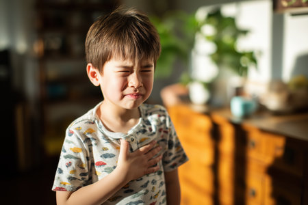Sunlight illuminates a young boy's face, contorted in pain as he presses a hand to his chest, illustrating the struggle of a child with heart disease.の素材