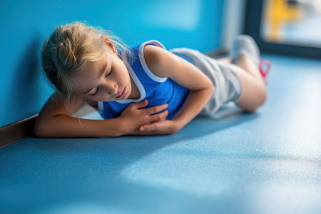 A tired little girl rests on the floor holding her chest, experiencing pain which could be a symptom of a juvenile heart disease after sports practice.の素材