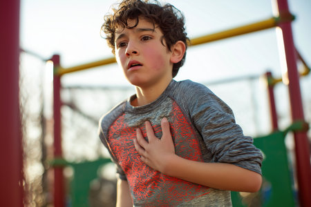 A close-up of a boy with curly hair at a playground, looking flushed and out of breath with his hand on his chest, a sign of a child heart problem.の素材