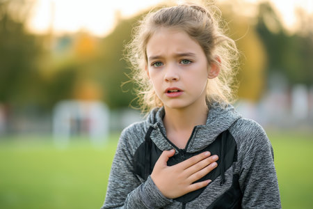 A girl in sportswear stops on a field, holding her chest due to a heart problem. Portrays exercise-induced pain and risks of heart disease in children.の素材