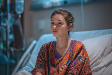 A young girl in a colorful hospital gown sits alone in her bed at night, looking pensive. A patient being treated for a serious childhood disease.の素材