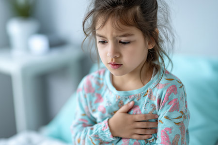 A young girl with messy hair sits in bed, looking unwell and sad as she holds her chest in pain. A potential indicator of a serious child heart disease.の素材