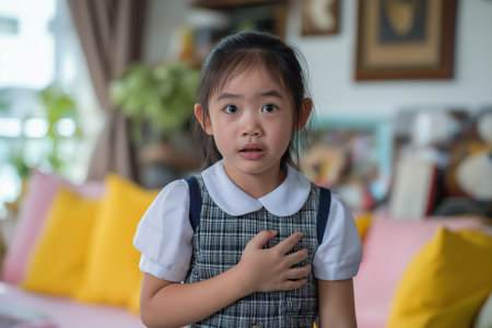 A close-up of a young Asian girl in a school uniform with a concerned look, holding her chest due to pain which can be a sign of a child heart disease.の素材