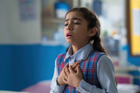 A young girl in a school uniform looks scared and is out of breath, clutching her chest. A possible emergency symptom of a child heart problem or asthma.の素材