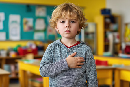 A young child with curly hair stands in his classroom, hand over his heart. His somber look could represent a brave heart disease child facing challenges.の素材