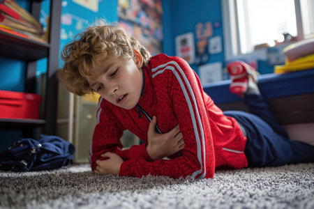 A young boy in a red jacket is lying on the carpet in his room, clutching his chest in pain, suffering from a symptom of a child heart disease.の素材
