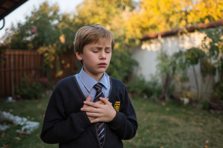 A young schoolboy closes his eyes in intense pain, hands clasped tightly over his chest, suffering from a severe child heart problem in his backyard.の素材