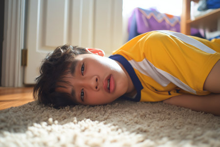 An exhausted and sweaty Asian boy in a yellow sports jersey is lying on the floor, looking weak and breathless after collapsing from a child heart problem.の素材