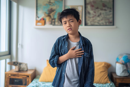 An Asian boy stands in his bedroom with a frown, holding his chest in discomfort. A concerning symptom that could be a sign of a child heart disease.の素材