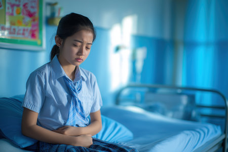 A sick Asian girl in a school uniform sits in a hospital bed with her eyes closed, holding her stomach in pain, suffering from an illness.の素材
