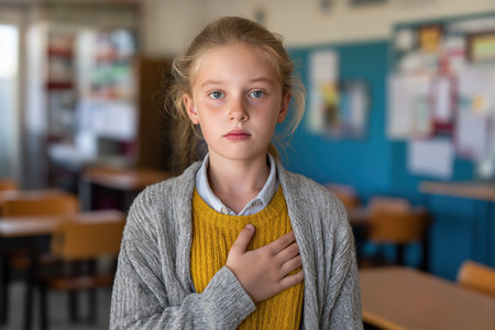 A portrait of a young girl in a classroom with a solemn look, her hand placed over her heart, concerned about a symptom of a child heart disease.の素材
