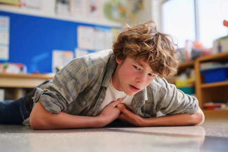 A teenage boy lies on the classroom floor, clutching his chest in agony. A dramatic depiction of a student having a heart problem or emergency at school.の素材