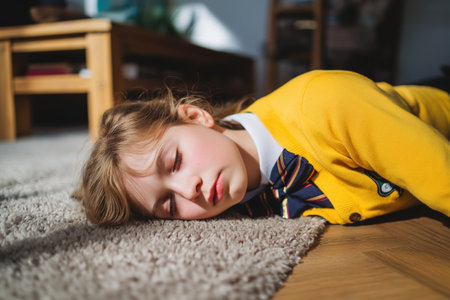 A young girl in a yellow sweater and school uniform is lying on the floor with her eyes closed and red cheeks, as if she has a fever or has fainted.の素材