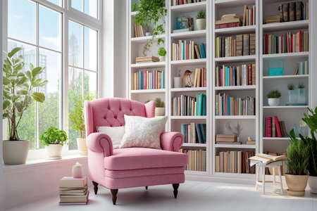 A charming, sunlit home library with a comfortable pink armchair and stacks of books. This beautiful, contemporary interior is filled with plants for a fresh feel.の素材