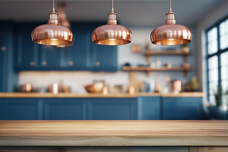 A rustic wooden tabletop in the foreground with a beautifully blurred, contemporary blue kitchen featuring copper pendant lights in the background. Ideal for product mockups.の素材