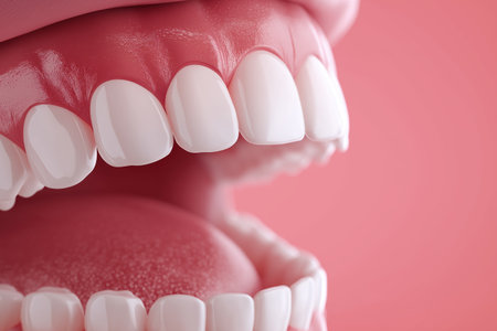 A beautiful, healthy smile with perfectly aligned white teeth and healthy pink gums, shown from a side angle against a soft pink background. Oral care concept.の素材