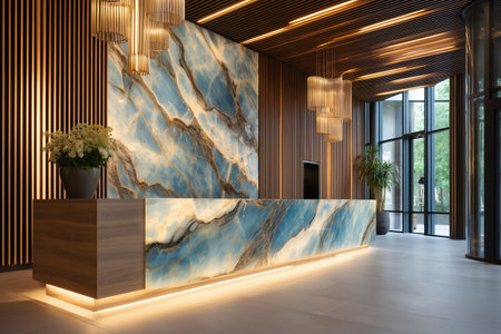 A stunning hotel lobby or reception area featuring a reception desk made of backlit blue onyx marble. The contemporary design includes modern lighting and wood details.の素材