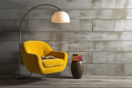 A vibrant yellow armchair with a book on it in a contemporary, industrial-style room. The minimalist decor includes a large silver arc lamp against a concrete wall.の素材