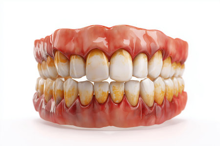 A visual representation of severe periodontitis, showing inflamed, receding gums and significant tartar buildup on teeth. A serious oral health issue.の素材