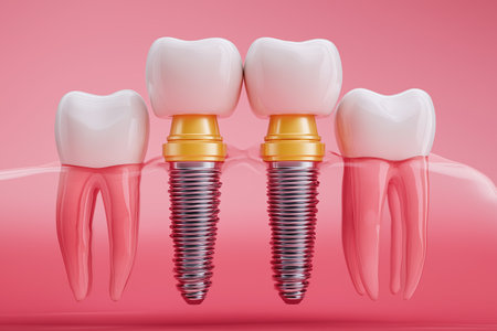 A clear, anatomical illustration showing two dental implants with golden abutments placed between the roots of natural teeth in a transparent jaw.の素材