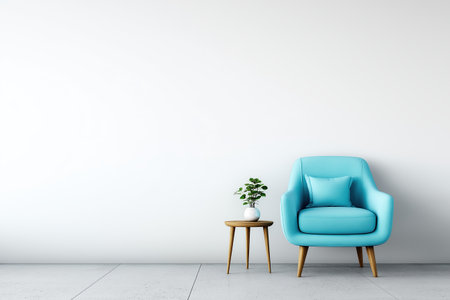 A clean and spacious room with a stylish blue armchair and a small plant. This modern interior design embodies minimalism and contemporary simplicity at its best.の素材