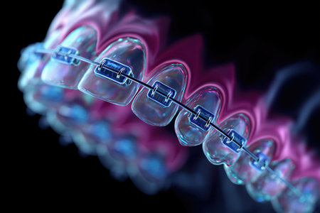 An artistic, transparent X-ray style view of teeth fitted with metal braces, showing the underlying structure and alignment during orthodontic treatment.の素材