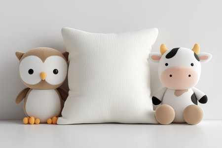 A product mockup featuring a plain white pillow between a cute stuffed owl and cow. This is a perfect template for showcasing modern and contemporary decor designs.の素材
