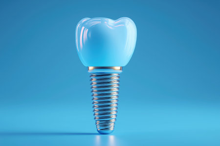 A modern, stylized dental implant with a blue hue on the crown and abutment, representing innovation and technology in restorative dentistry.の素材