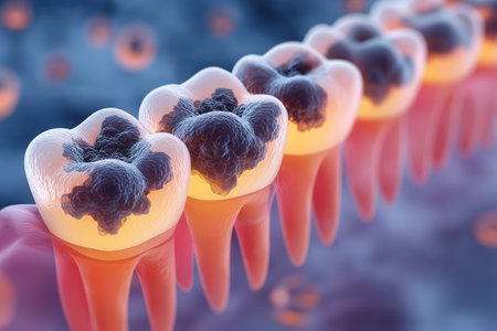 A line of molar teeth showing different stages of decay, from a small cavity to a large, dark area of caries, illustrating the progression of the disease.の素材