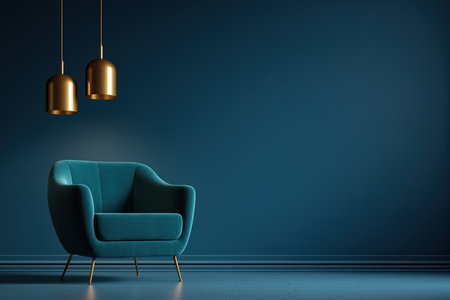 A chic blue armchair in a dark, minimalist room with golden pendant lights. This modern interior design is the epitome of sophisticated and contemporary style.の素材