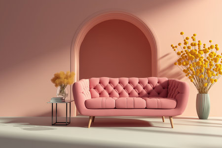 A sophisticated pink tufted sofa in a room with a soft pink arched wall. The contemporary design is luxurious and modern, perfect for a chic interior space.の素材