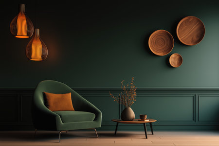 A chic living room corner with a dark green wall, a comfortable velvet armchair, and unique hanging pendant lights. A small table and dried flowers complete the look.の素材