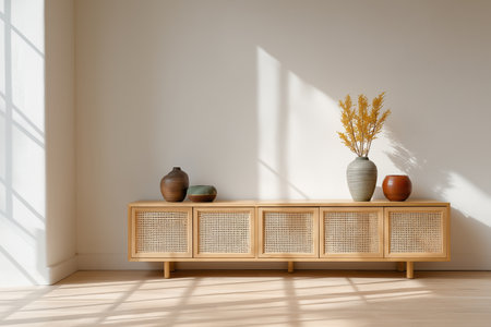 A minimalist wooden sideboard with rattan doors, part of a modern interior. The contemporary design is enhanced by natural light and simple decor elements.の素材