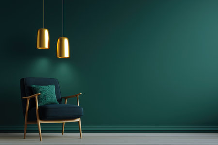 A sophisticated contemporary living space featuring a dark armchair with a green pillow. The moody dark green wall is accented by two golden pendant lights.の素材