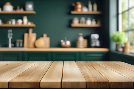 A clean wooden plank tabletop provides an excellent foreground for a blurred background of a contemporary dark green kitchen with open shelving and natural light.の素材
