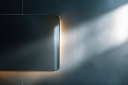 A blank, dark screen with a soft glowing backlight, mounted on a brushed metal wall. A futuristic and contemporary tech background for mockups and presentations.の素材
