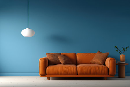 A sleek orange leather sofa stands out against a calm blue wall. This modern interior is simple and minimalist, with a focus on color and clean lines.の素材
