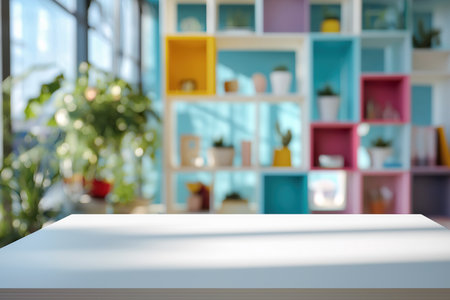 A pristine white tabletop in the foreground with a vibrant, out-of-focus background of a creative office space with colorful shelves and plants.の素材
