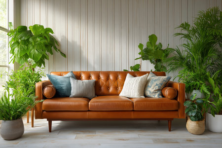 A cozy and stylish contemporary living room filled with numerous green plants. The decor features a comfortable, tufted brown leather sofa for a modern look.の素材